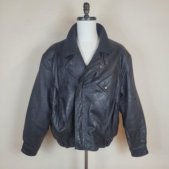 VTG Winlit Leather Jacket Large Black Motorcycle Biker Asymmetrical Bomber 90s - Picture 1 of 12